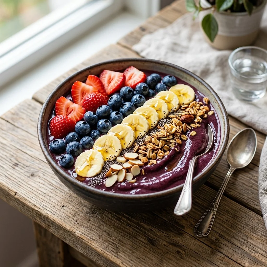 Colorful acai bowl topped with fresh fruits and granola for a healthy breakfast