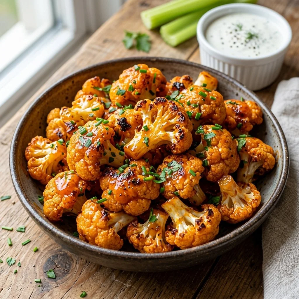 Crispy Air Fryer Buffalo Cauliflower with spicy sauce on a plate