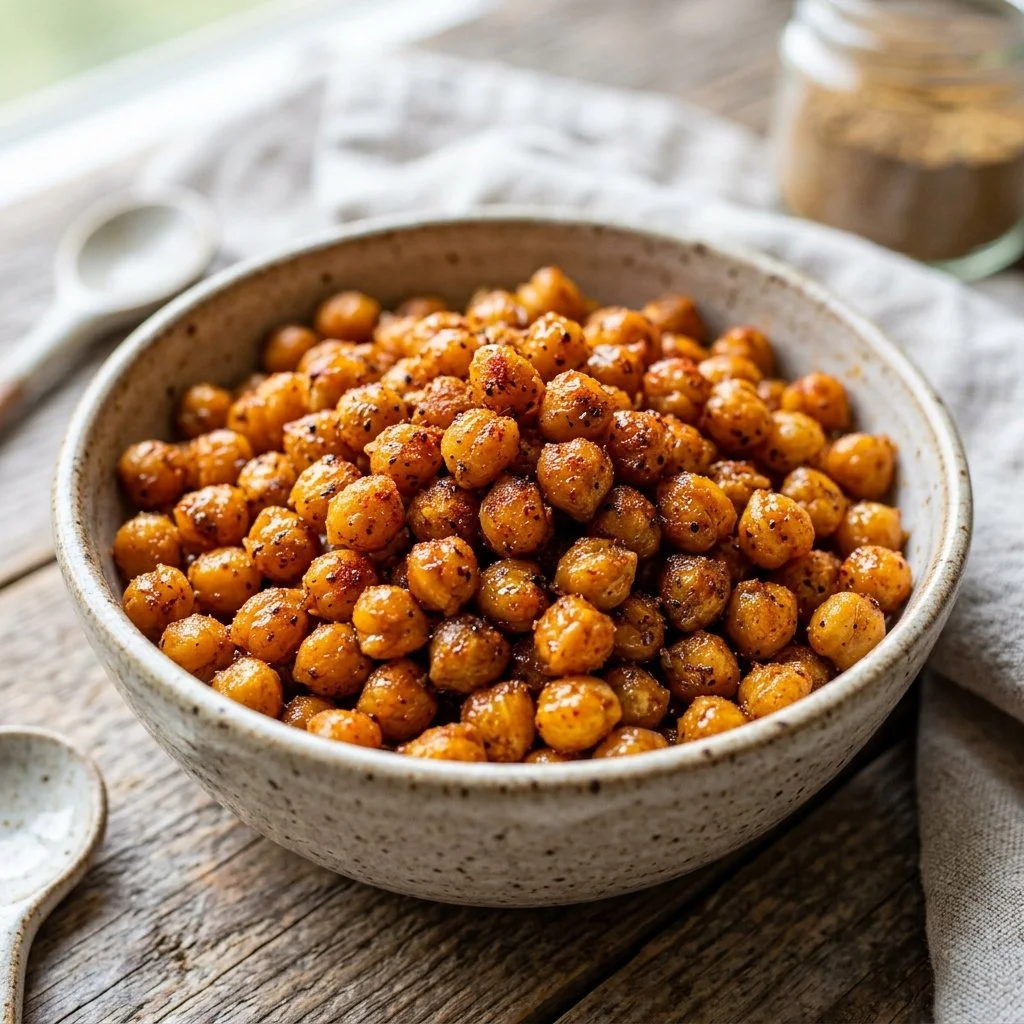 Golden brown air fryer chickpeas served in a bowl as a healthy snack.