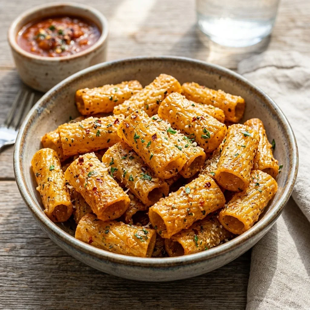 Crispy air fryer pasta chips served in a bowl with seasoning