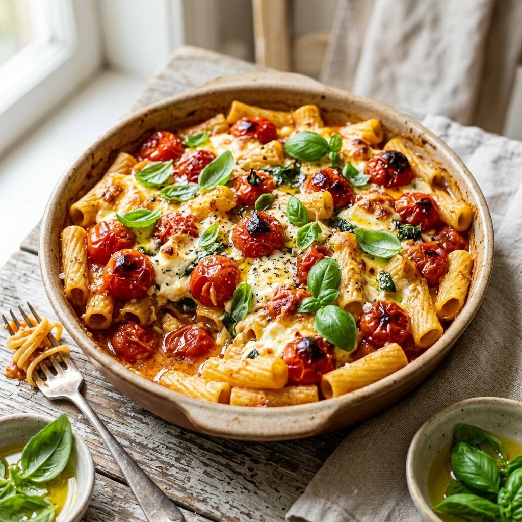 Creamy baked feta pasta with cherry tomatoes and fresh basil