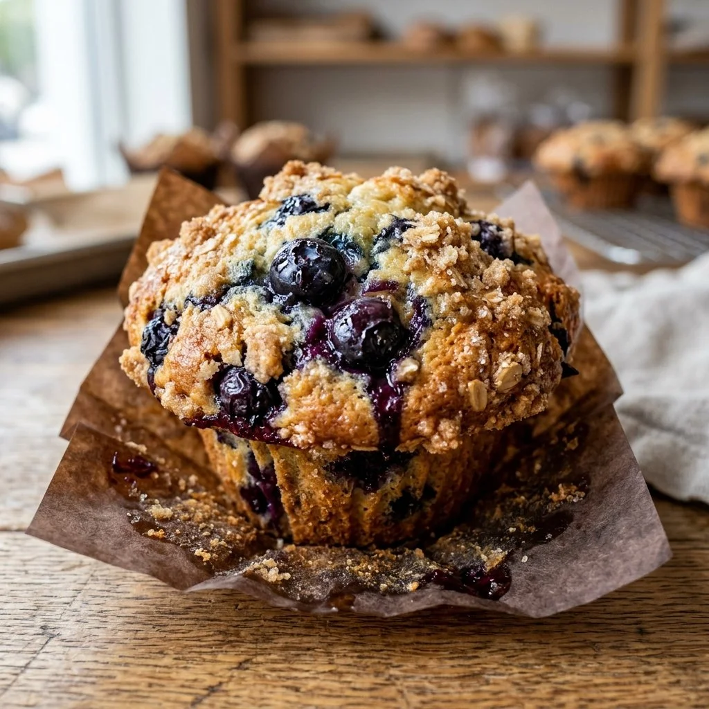 Delicious bakery style blueberry muffins with fresh blueberries and golden tops