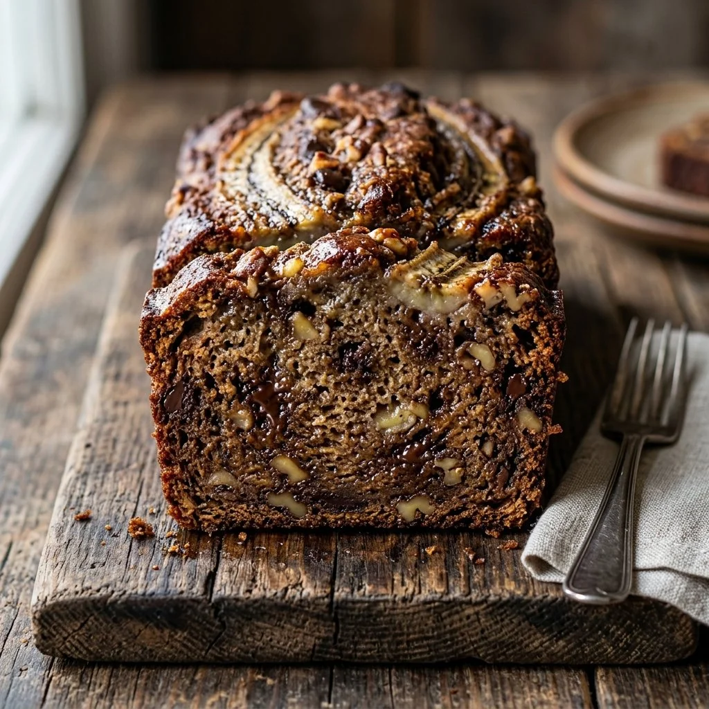Loaf of homemade banana bread fresh out of the oven