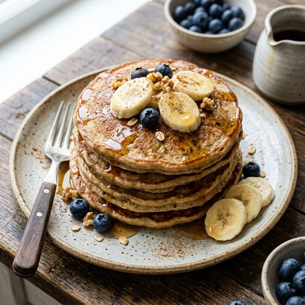 Delicious banana protein pancakes topped with fresh fruit and syrup