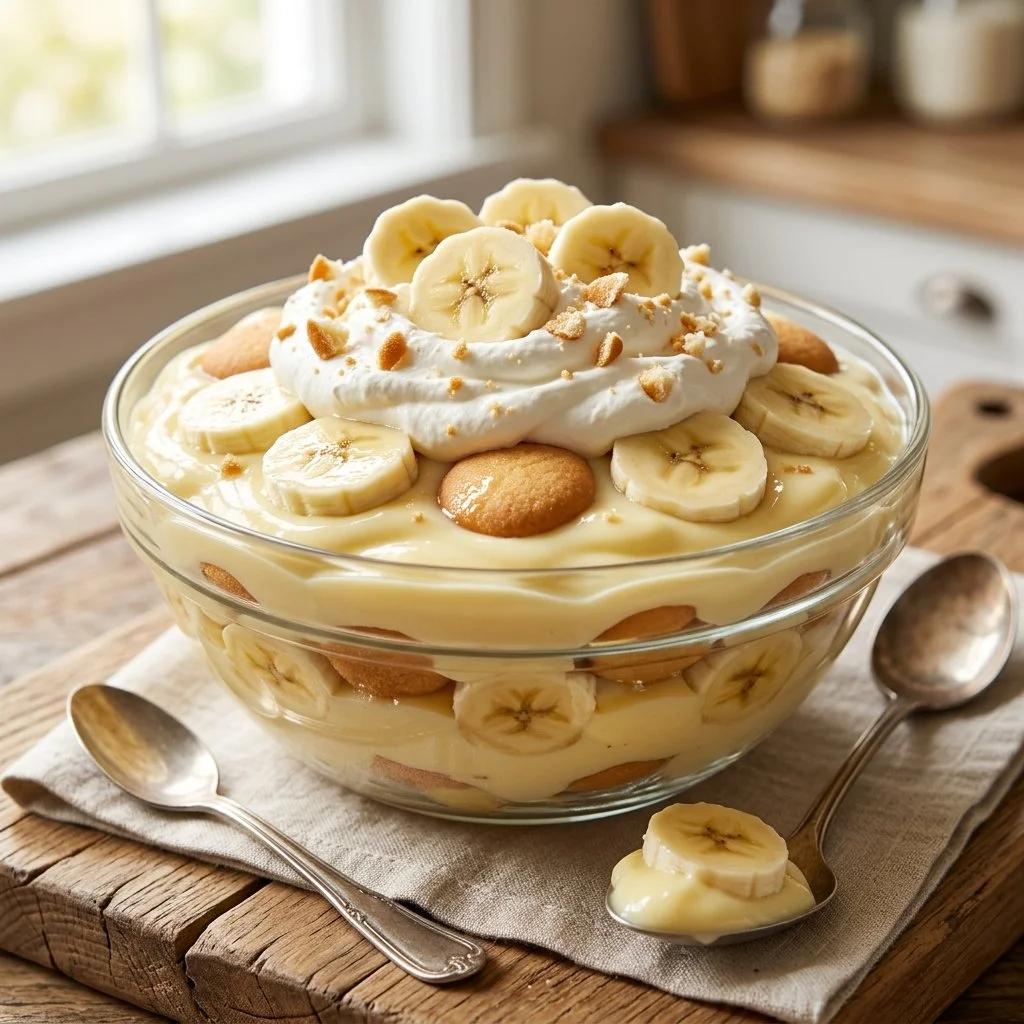 Delicious homemade banana pudding topped with whipped cream and bananas.