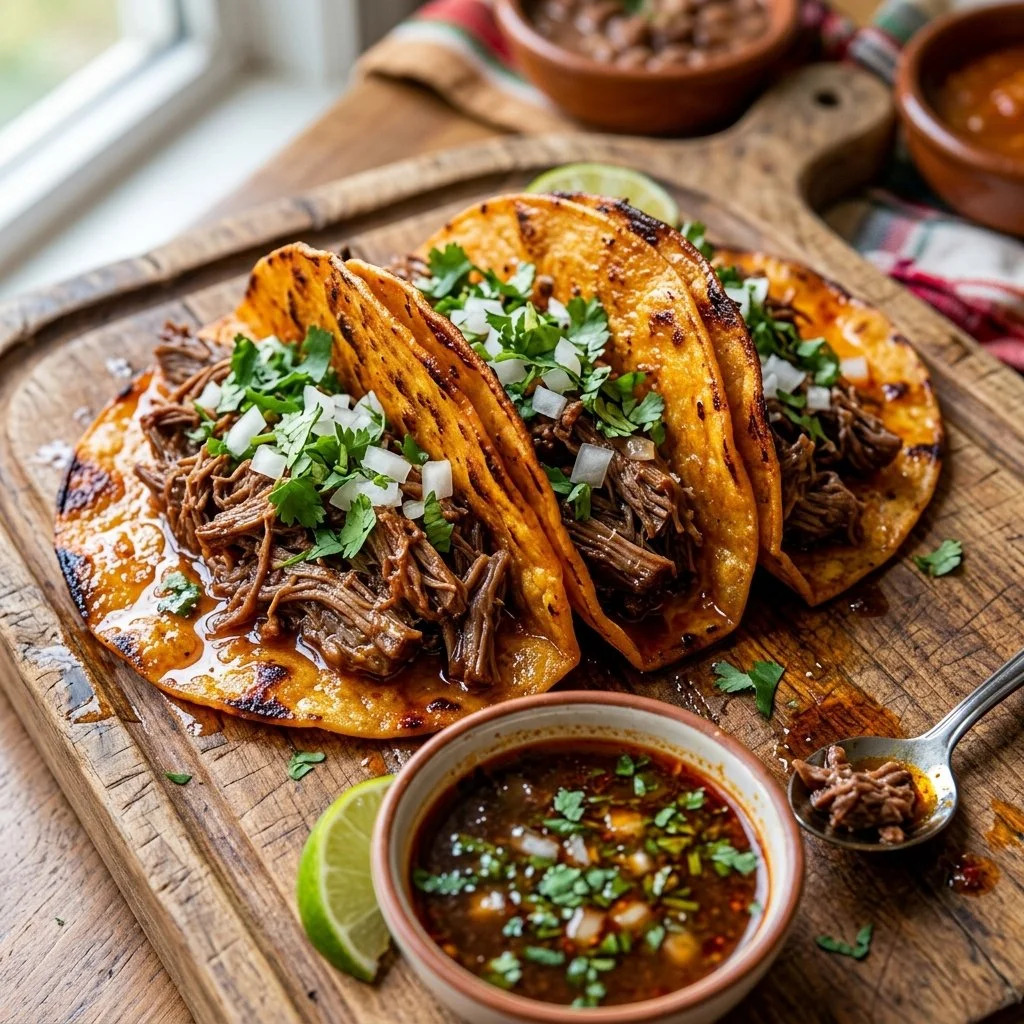 Delicious Birria Tacos served with consommé and fresh toppings