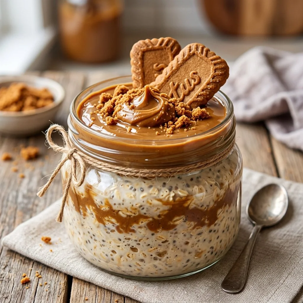 Delicious Biscoff Overnight Oats topped with Biscoff spread and cookie crumbs.