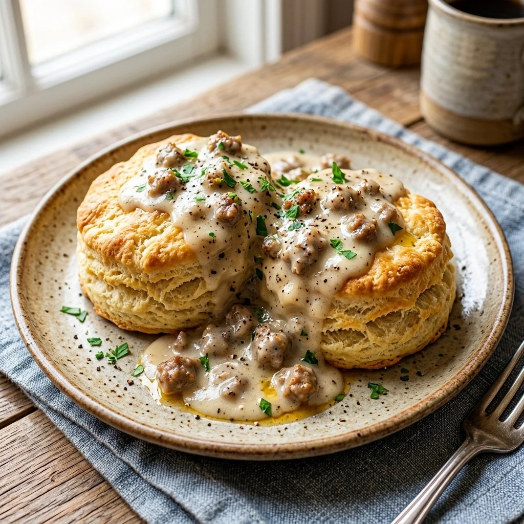 Delicious homemade biscuits and gravy served on a plate.