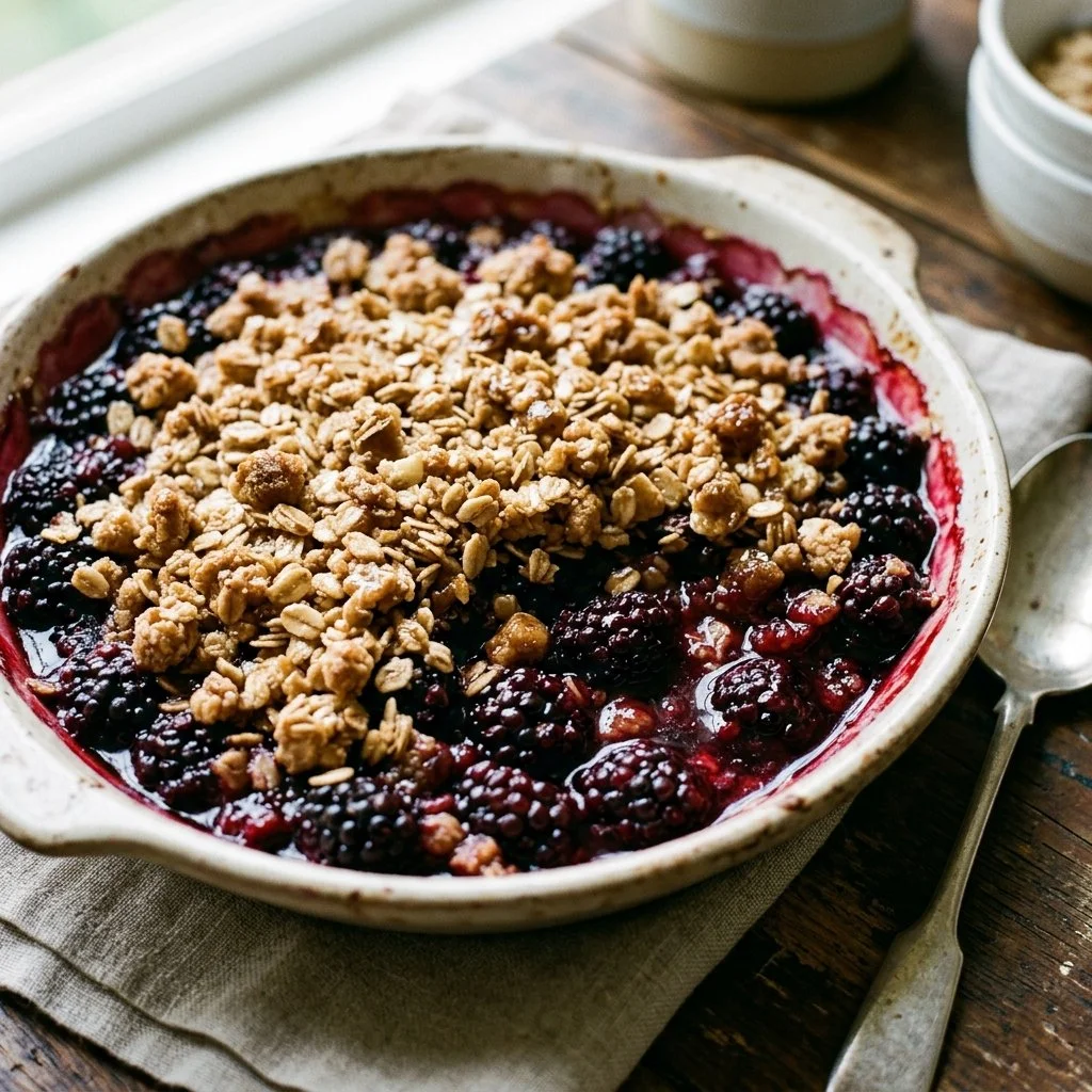 Delicious homemade Blackberry Crisp topped with crunchy oats and served in a bowl.