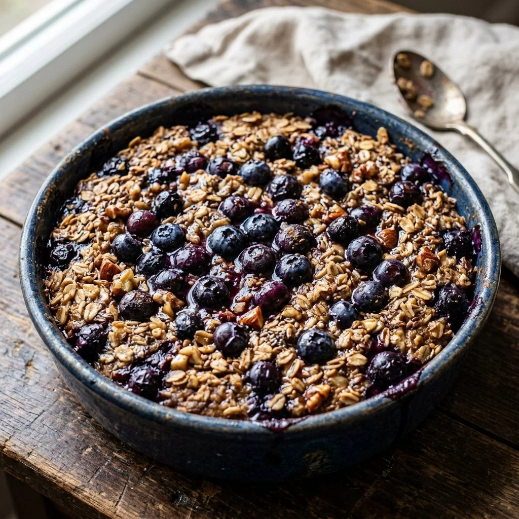 Bowl of blueberry baked oatmeal topped with fresh blueberries and almonds