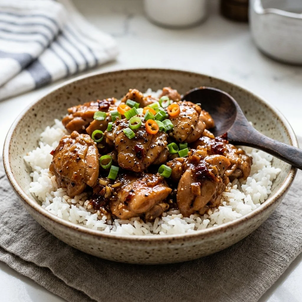 Delicious Bourbon Chicken served on a plate with veggies and rice