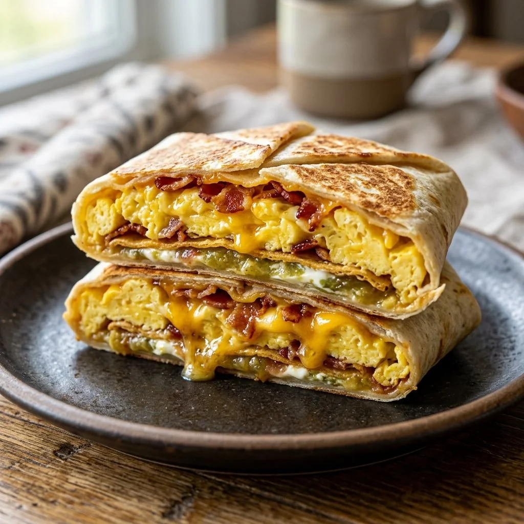 Delicious Breakfast Crunchwrap with eggs, cheese, and toppings in a tortilla