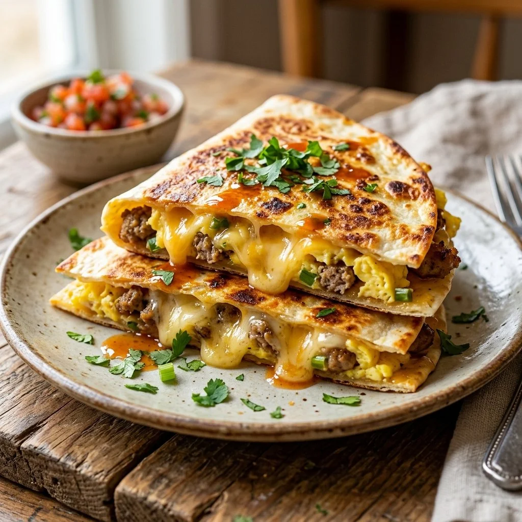 Delicious breakfast quesadillas filled with eggs and cheese on a plate