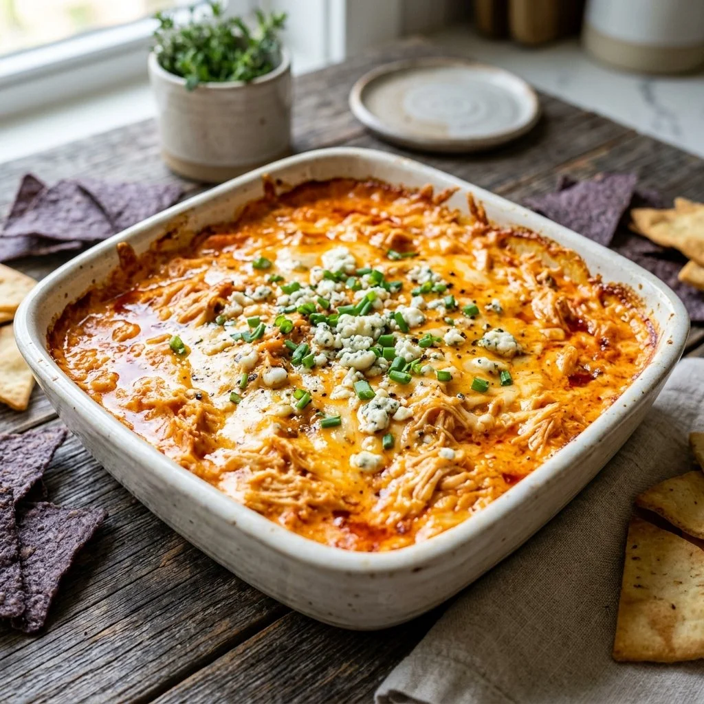 Delicious Buffalo Chicken Dip served in a bowl with tortilla chips