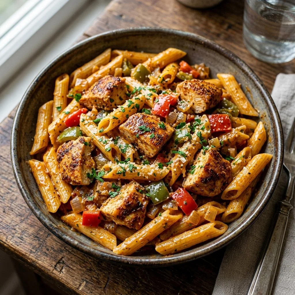 Delicious Cajun Chicken Pasta with spices and creamy sauce
