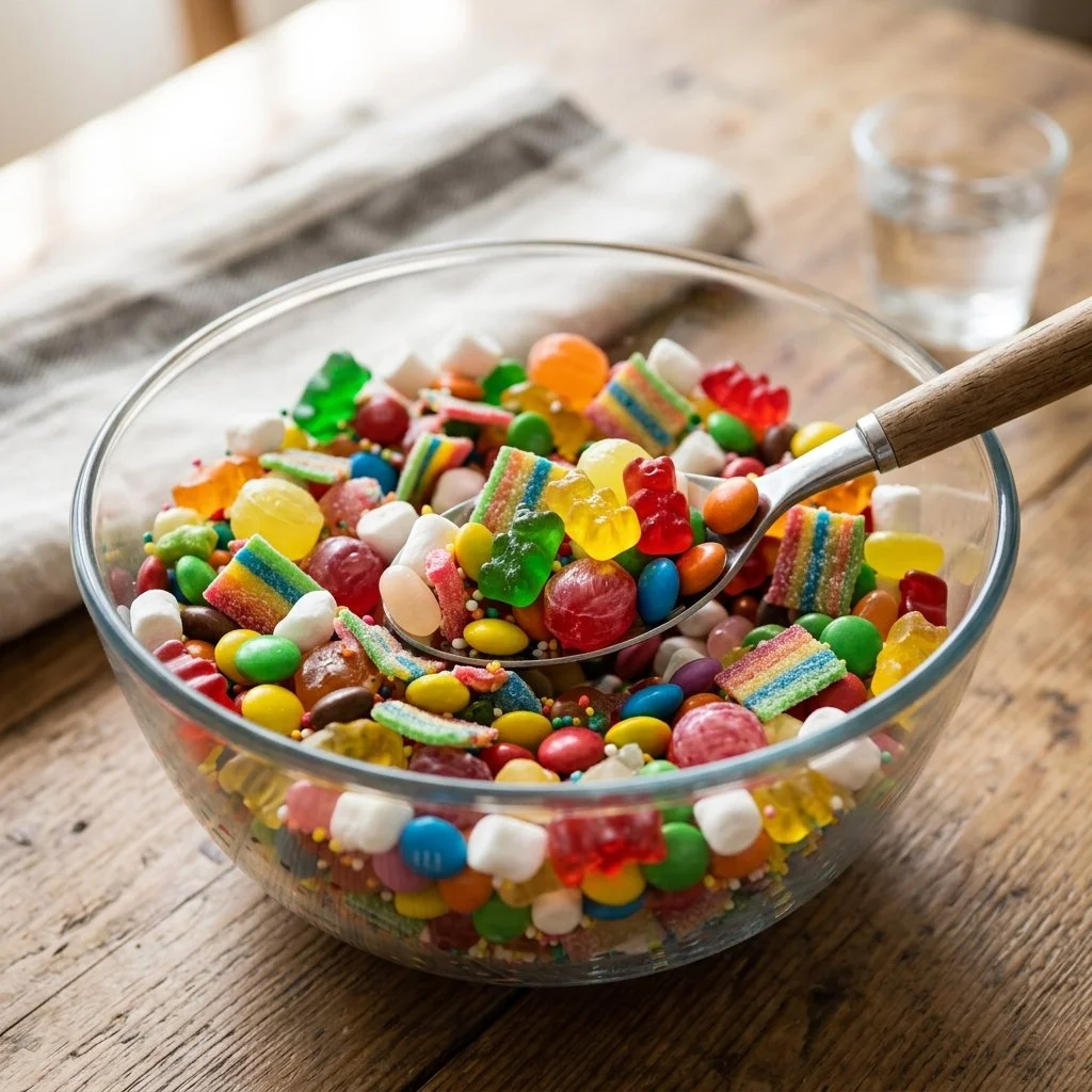 Vibrant Candy Salad with assorted sweets and fruits in a bowl.