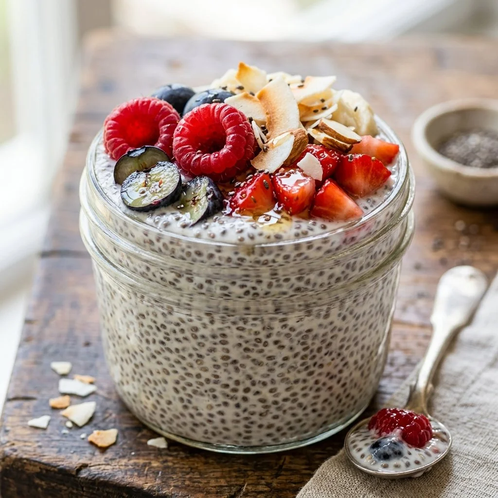 Delicious chia seed pudding topped with fresh fruits and nuts