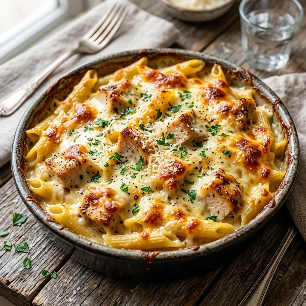 Delicious Chicken Alfredo Bake topped with melted cheese and fresh parsley.