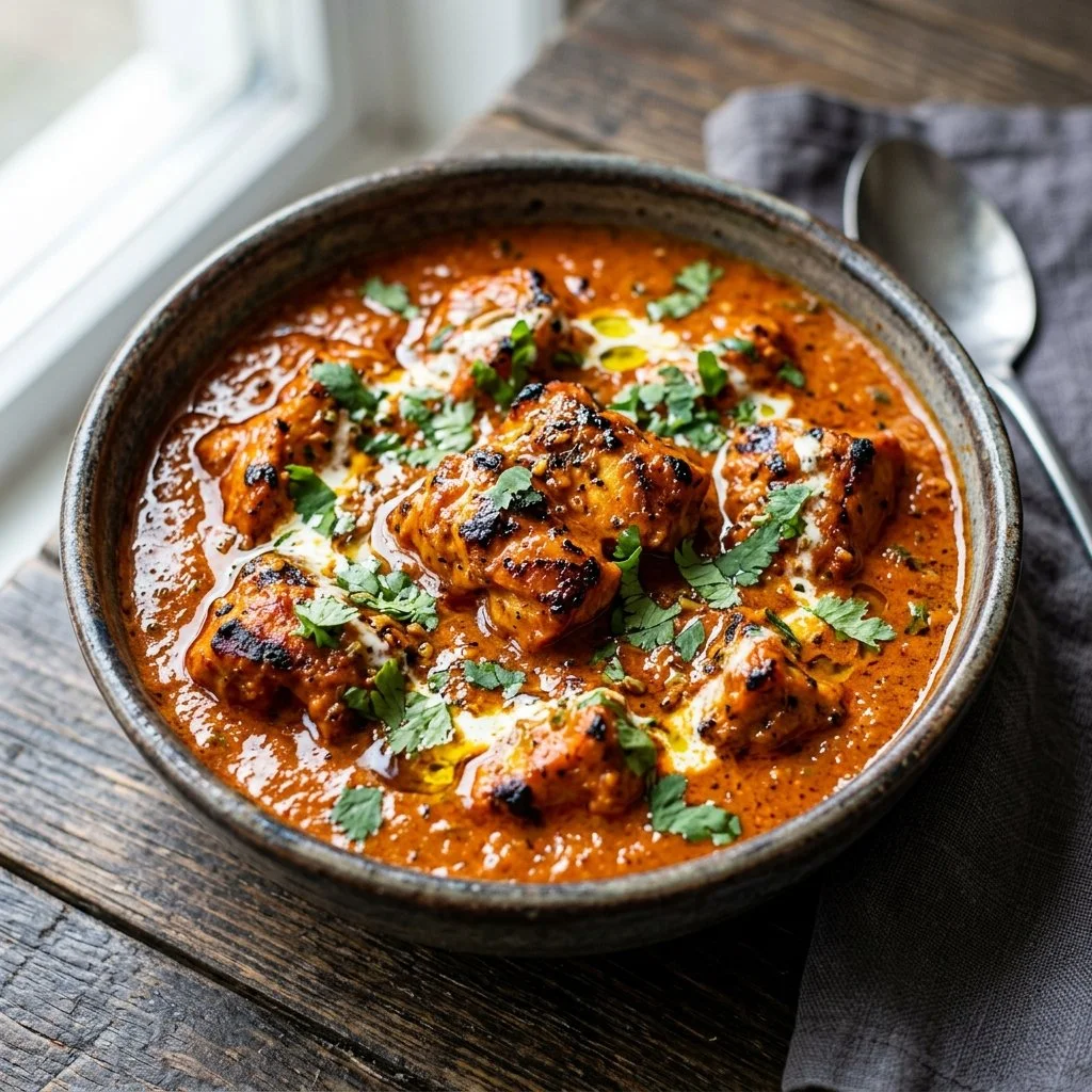 Plate of delicious Chicken Tikka Masala served with rice and naan