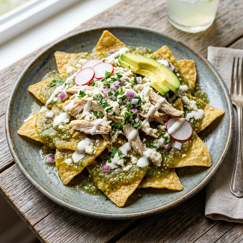 Delicious Chilaquiles Verdes topped with avocado and fresh cilantro