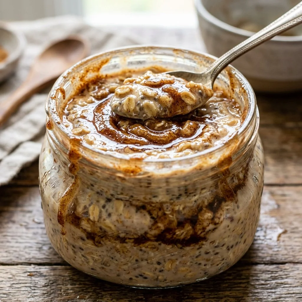 Bowl of cinnamon roll overnight oats topped with spices and nuts