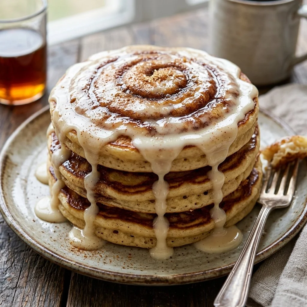 Fluffy cinnamon roll pancakes drizzled with icing on a plate