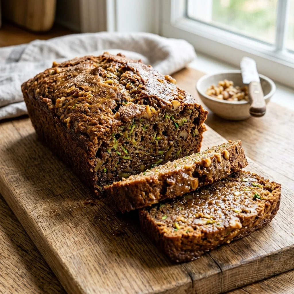 Delicious homemade classic zucchini bread on a wooden table