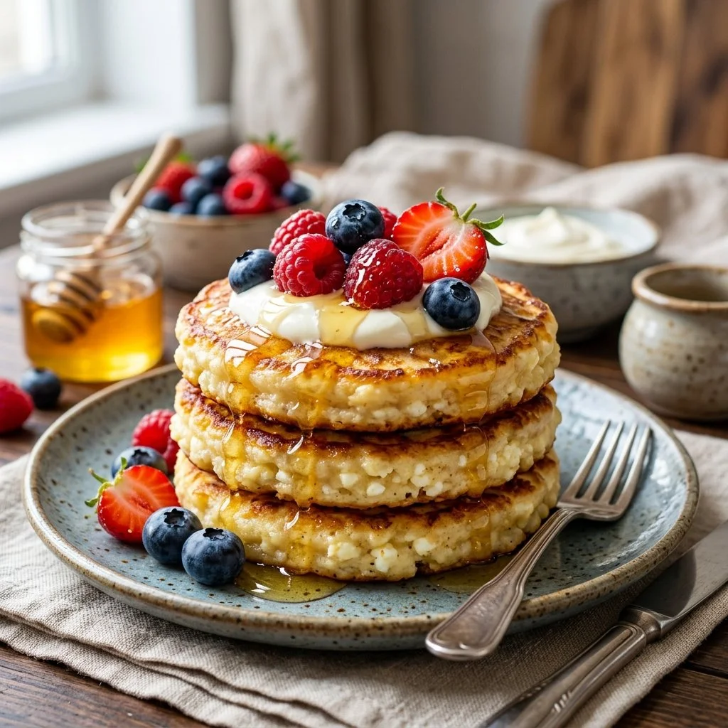 Delicious cottage cheese pancakes served with syrup and berries