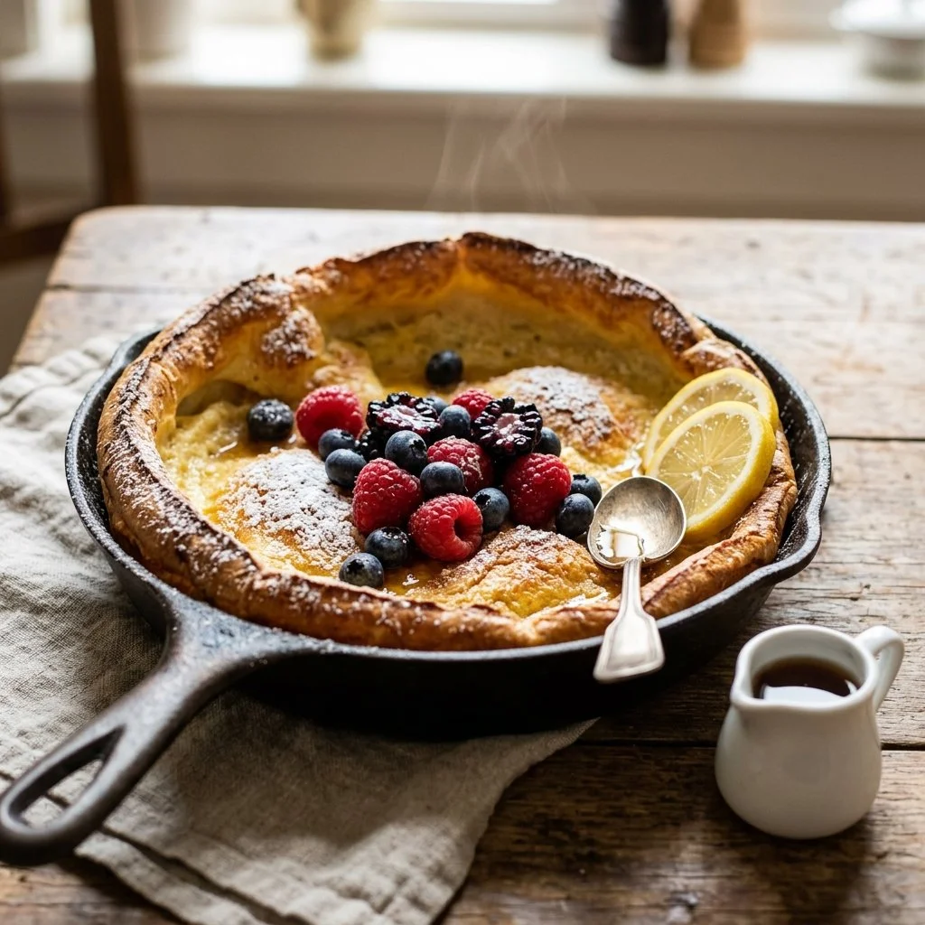 Fluffy Dutch Baby pancake served with fresh berries and powdered sugar