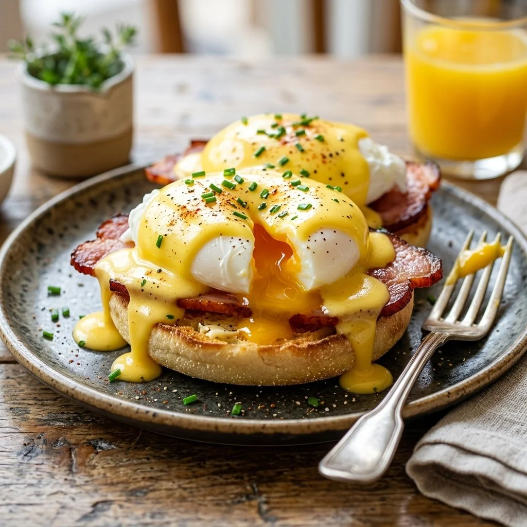 Delicious homemade Eggs Benedict served with hollandaise sauce and garnished.