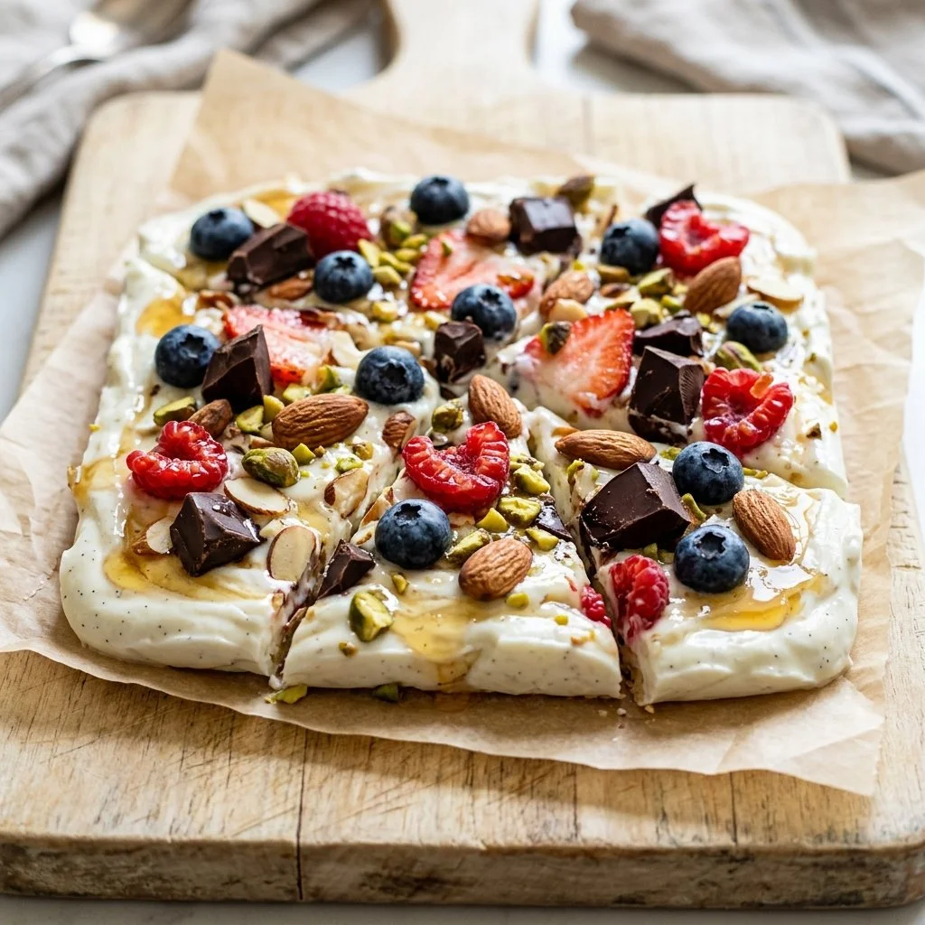 Delicious Greek Yogurt Bark topped with fresh fruits and nuts
