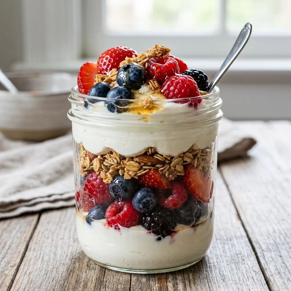 Delicious Greek Yogurt Parfait with fresh fruits and granola in a glass
