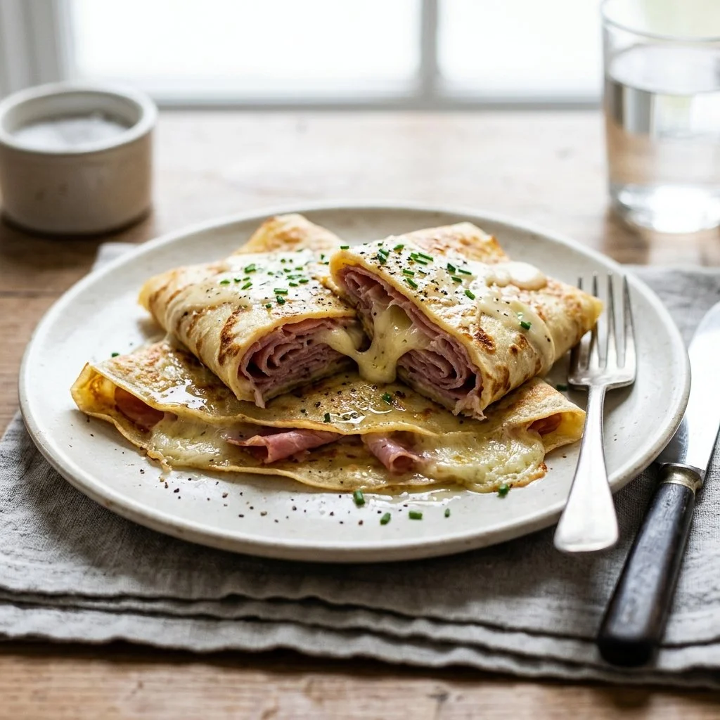 Delicious ham and cheese crepes served with fresh herbs