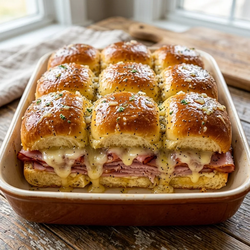 Ham and cheese sliders served on a platter, perfect for parties and gatherings.