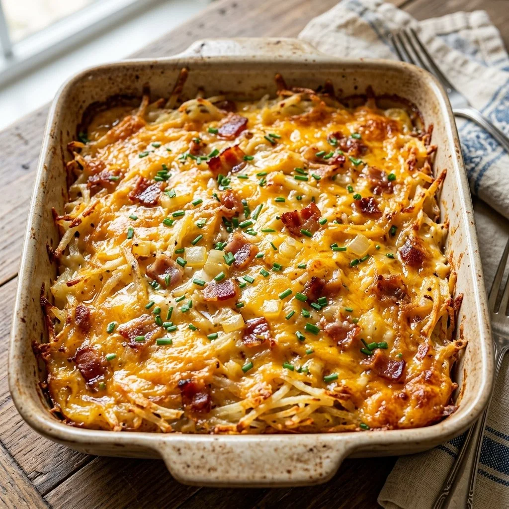 Delicious hash brown casserole baked until golden brown and served warm