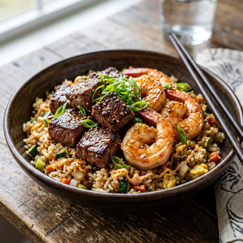 Delicious Hibachi Steak and Shrimp served with fresh vegetables