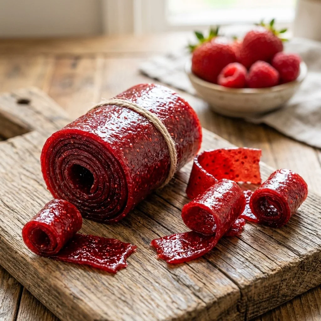 Homemade fruit leather made from fresh fruits, ready to be enjoyed as a healthy snack.