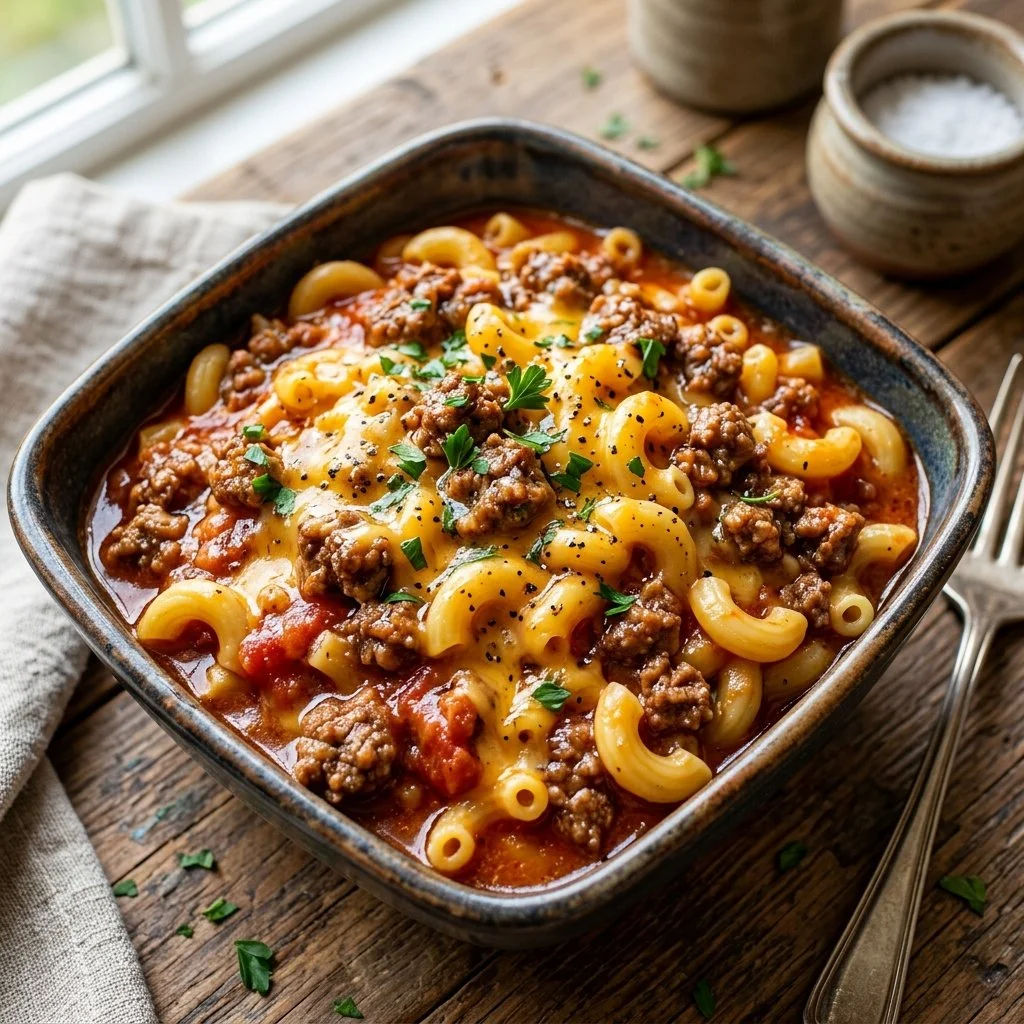 Homemade Hamburger Helper recipe cooked in a skillet