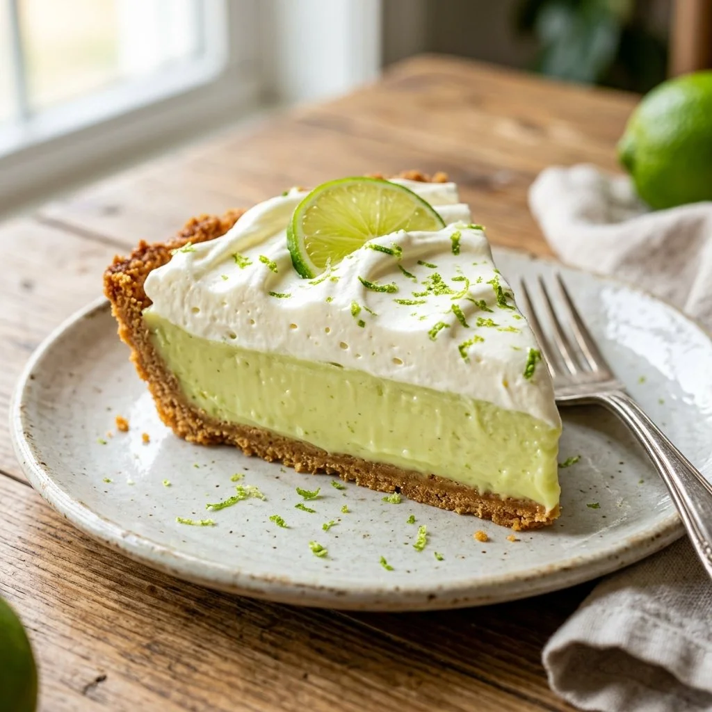 Delicious homemade key lime pie topped with whipped cream