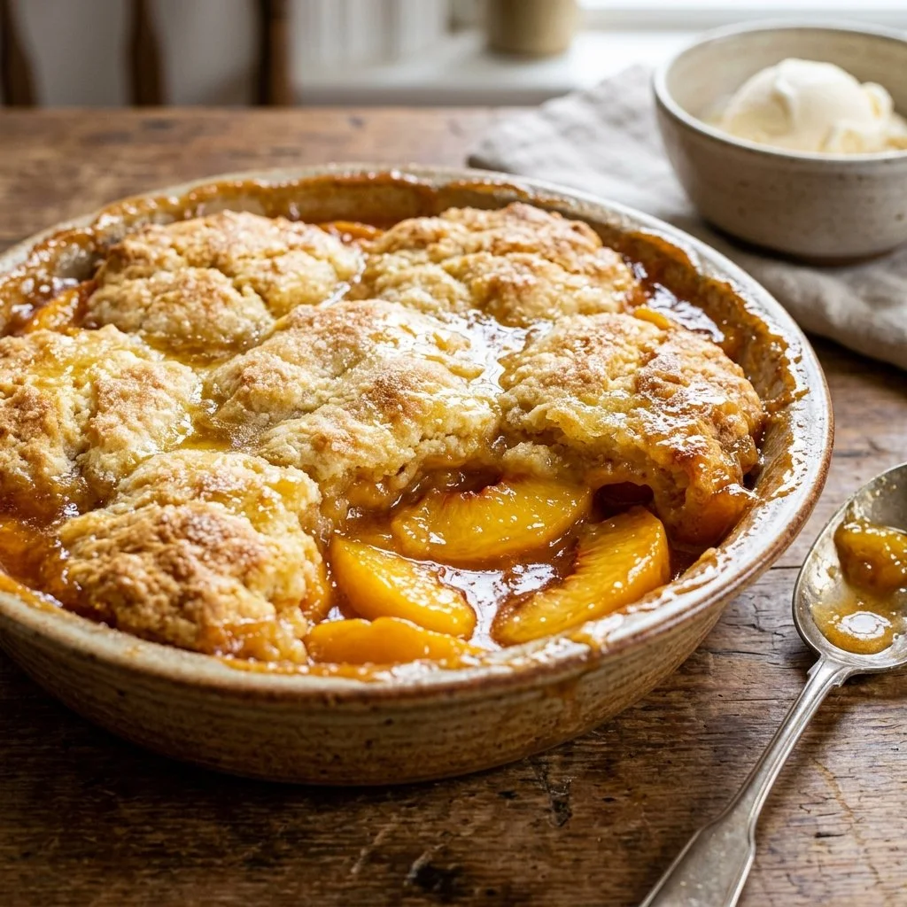 Delicious homemade peach cobbler served warm with a scoop of vanilla ice cream.