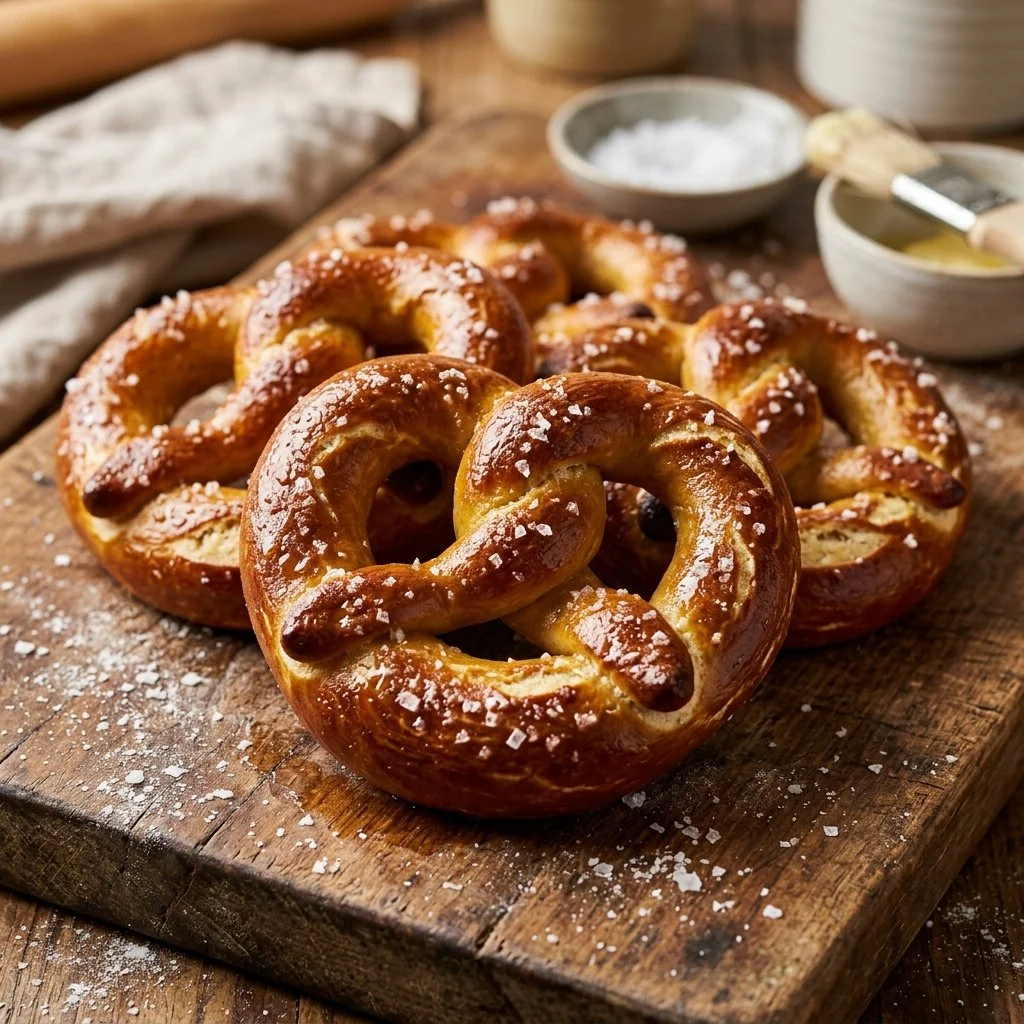 Freshly baked homemade soft pretzels with golden brown crust