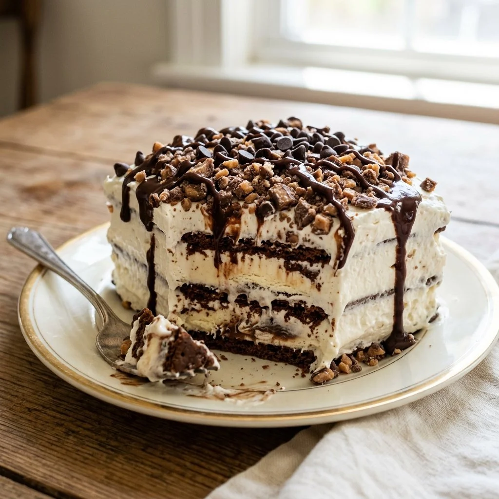 Delicious Ice Cream Sandwich Cake with layers of ice cream and cookies