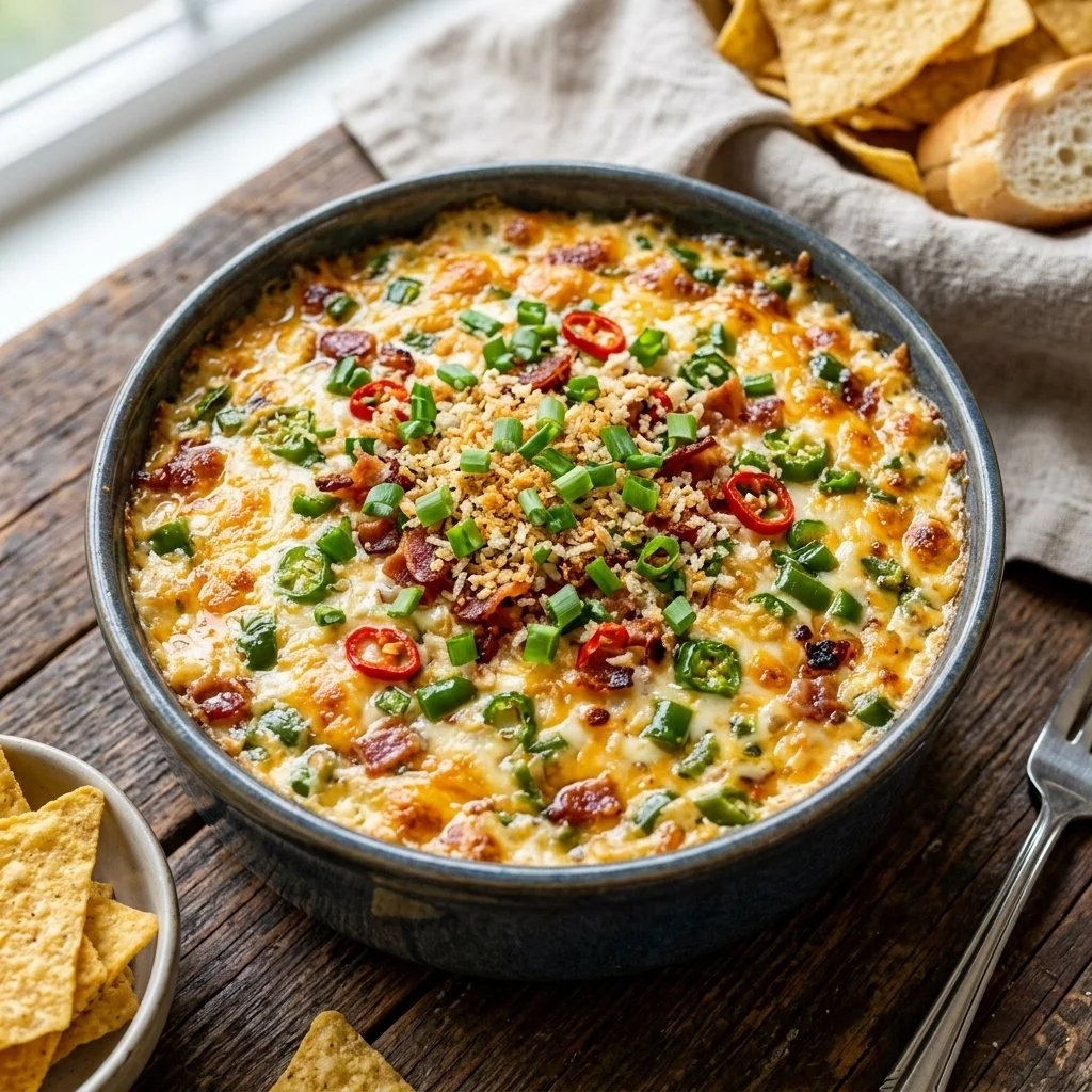 Delicious jalapeno popper dip served in a bowl, garnished and ready to enjoy.