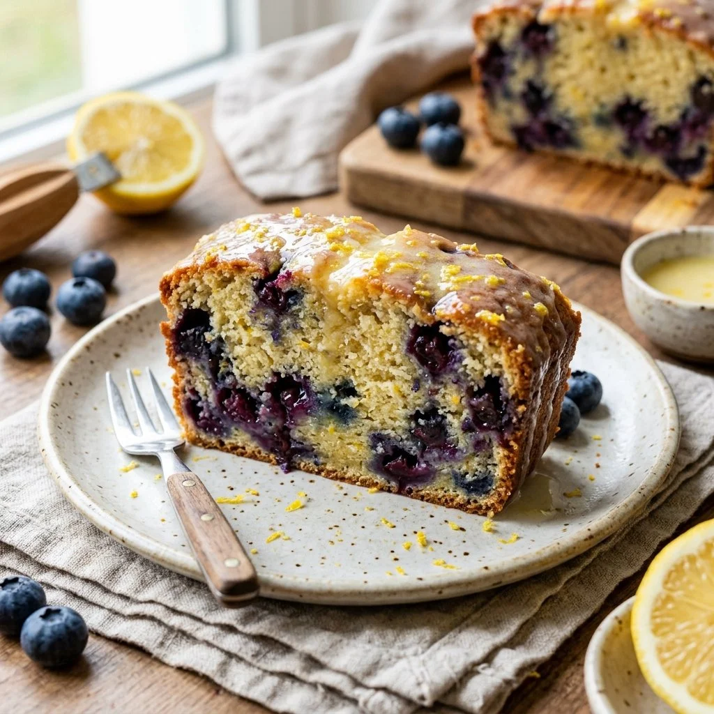 Slice of moist Lemon Blueberry Bread with blueberries on a wooden table