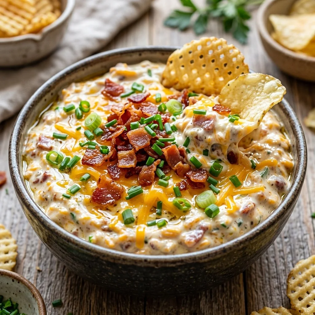Creamy loaded baked potato dip garnished with chives and bacon bits