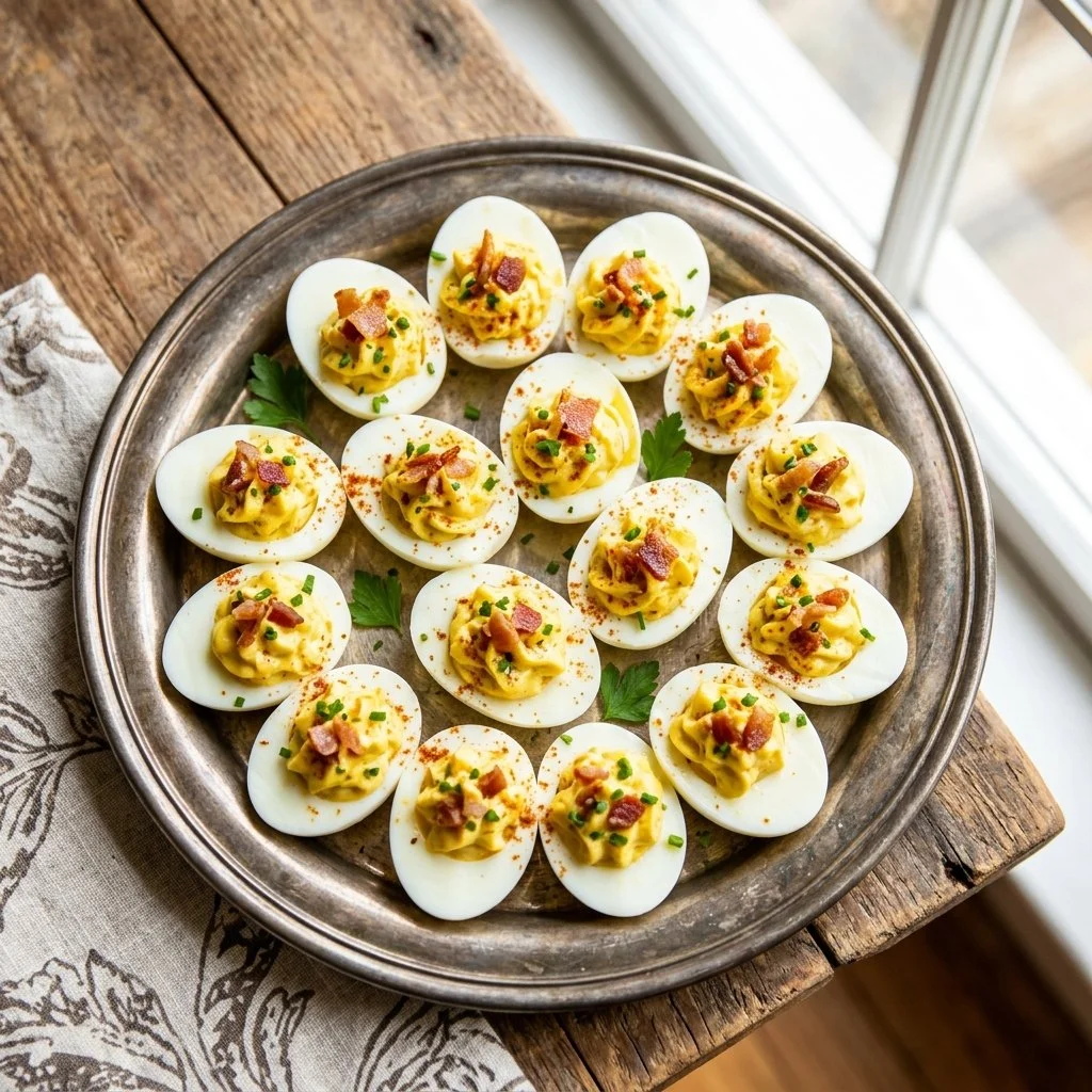 Plate of Million Dollar Deviled Eggs garnished with herbs.