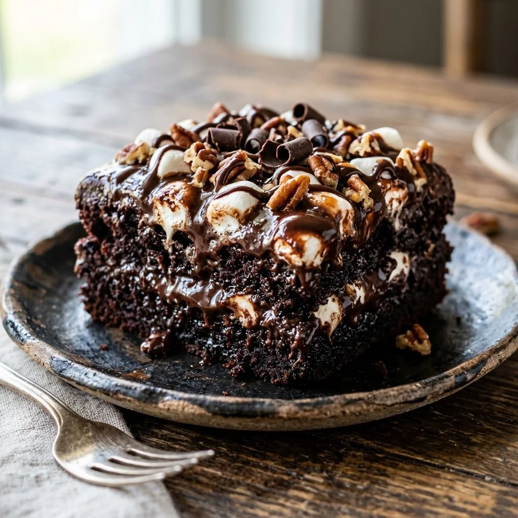 Delicious Mississippi Mud Cake with chocolate frosting and nuts, served on a plate.