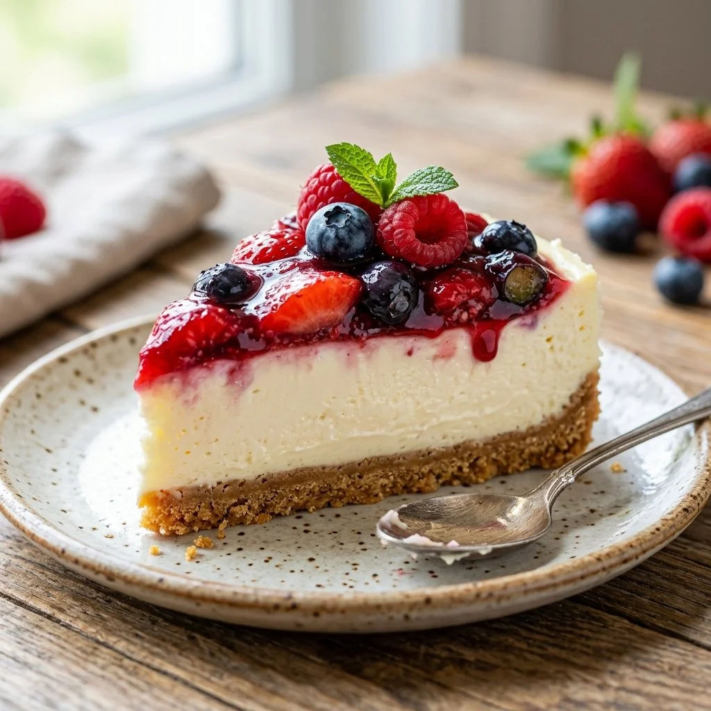Delicious no-bake cheesecake topped with fresh berries