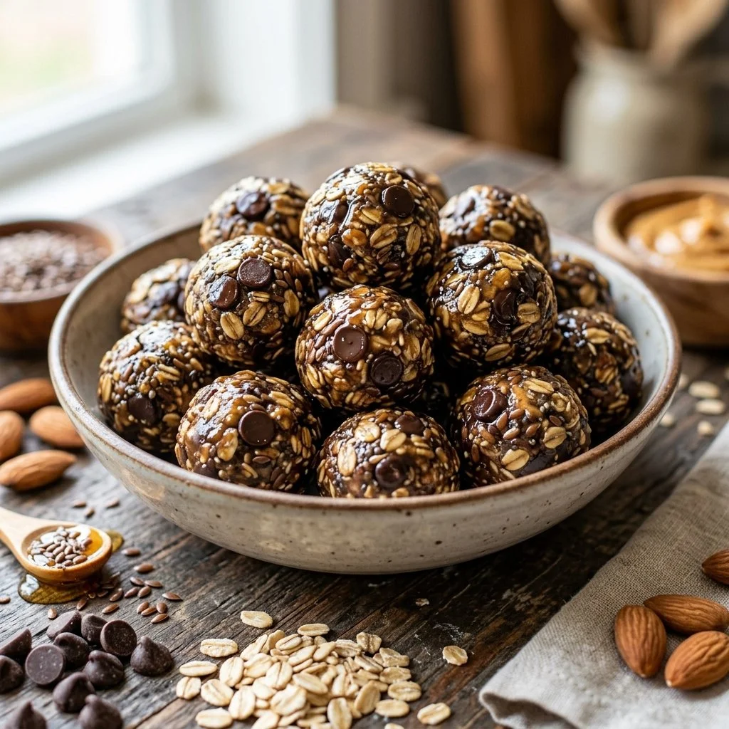 No Bake Energy Bites made with oats, nut butter and chocolate chips