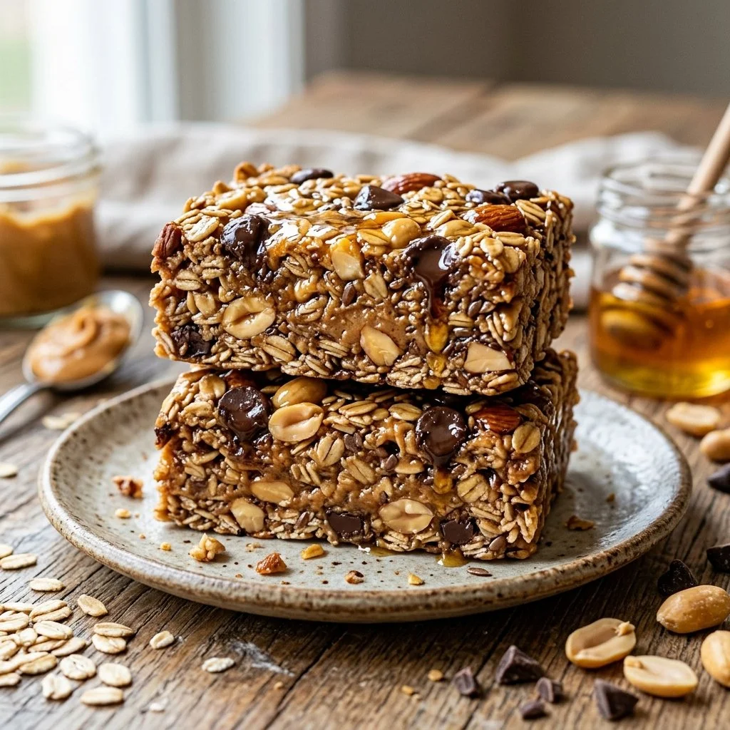 Homemade peanut butter granola bars stacked on a wooden table